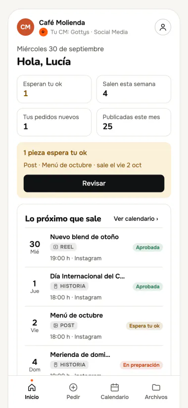 App del cliente: una pieza espera su aprobación y ve cuánto usó de su pack.